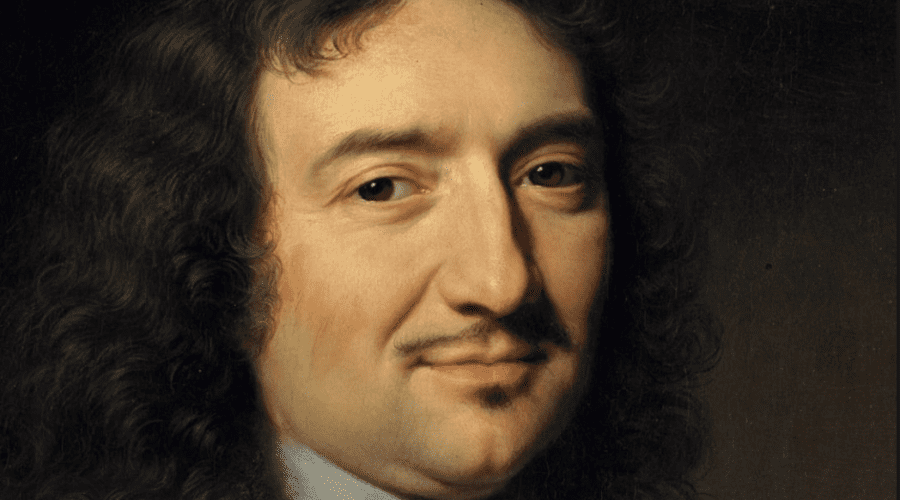 Painting of Jean Baptiste Colbert's head, a French statesman and Minister of Finance during the 17th century. He has very dark, longish hair which fades into the black background, brown eyes, and a thin moustache.