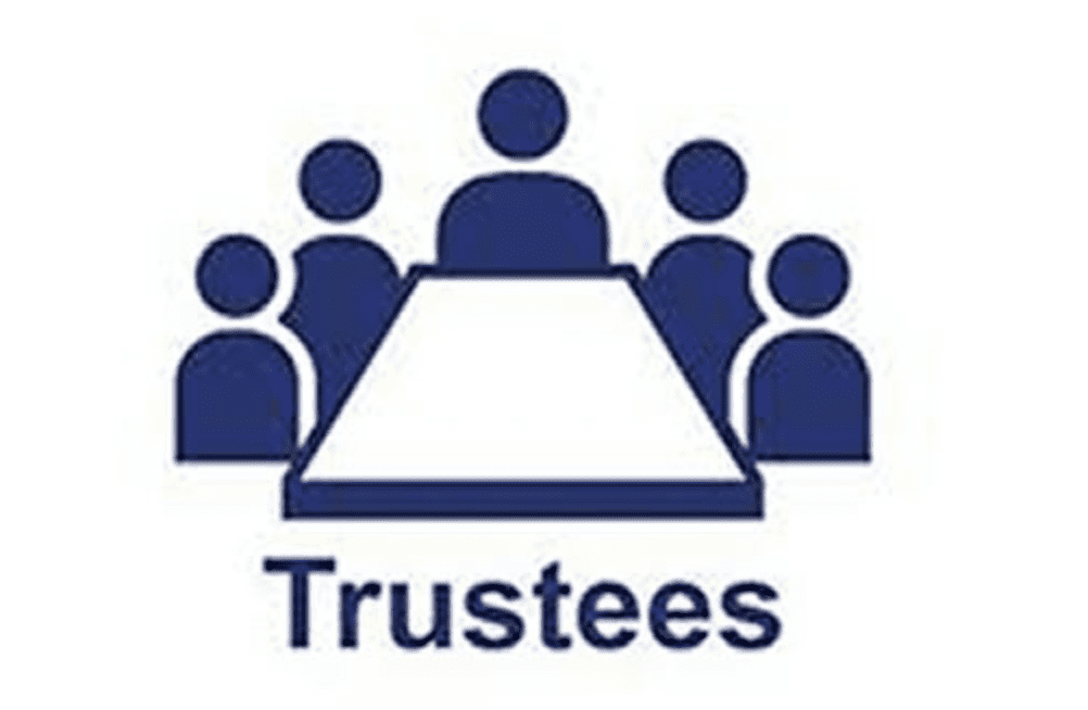 Graphic design of five figures sitting around a board table. Two are on either side of the table, and one is at the head of the table. The figures are in dark blue, and the table is white. The word "Trustees" is written in blue underneath the design.