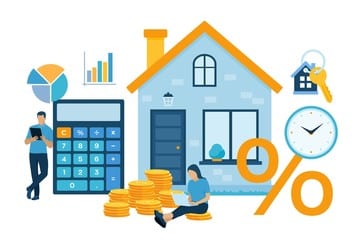 Graphic of a small house. Surrounding it are other small pictures which suggest that some calculating is being done. They include a man using a calculator, a pie graph, a bar graph, a % symbol, a clock, a set of house keys, and a lady sitting on a pile of coins using a computer. The main colours used are blue and yellow.