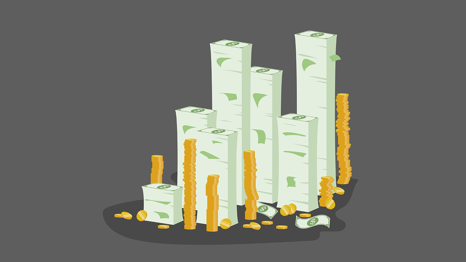 Cartoonish drawing of piles of money. There are seven piles of pale green paper money stacked up, at varying levels. These are surrounded by six stacks of gold coins, also of different heights. There are a few single, gold coins scattered at the foot of the piles of coins.