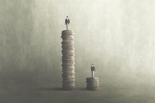 A drawing of a tall pile of coins, sitting beside a very small pile of coins. to the right. Both have a tiny male figure sitting atop. The coins appear in he middle of the drawing, which is primarily a muted grey, green, white colour.