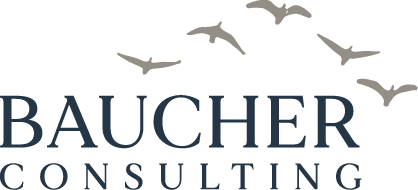 The Baucher Consulting logo written in navy blue. The word Baucher appears on the top in capitals, and Consulting is directly below it. It's also in capitals, but in a smaller font. A graphic of five grey migrating birds sits to the top right of the text.
