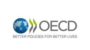 OECD logo - grey lettering in capitals. Loge includes small globe of the world, and "Better policies for better lives" written under it.