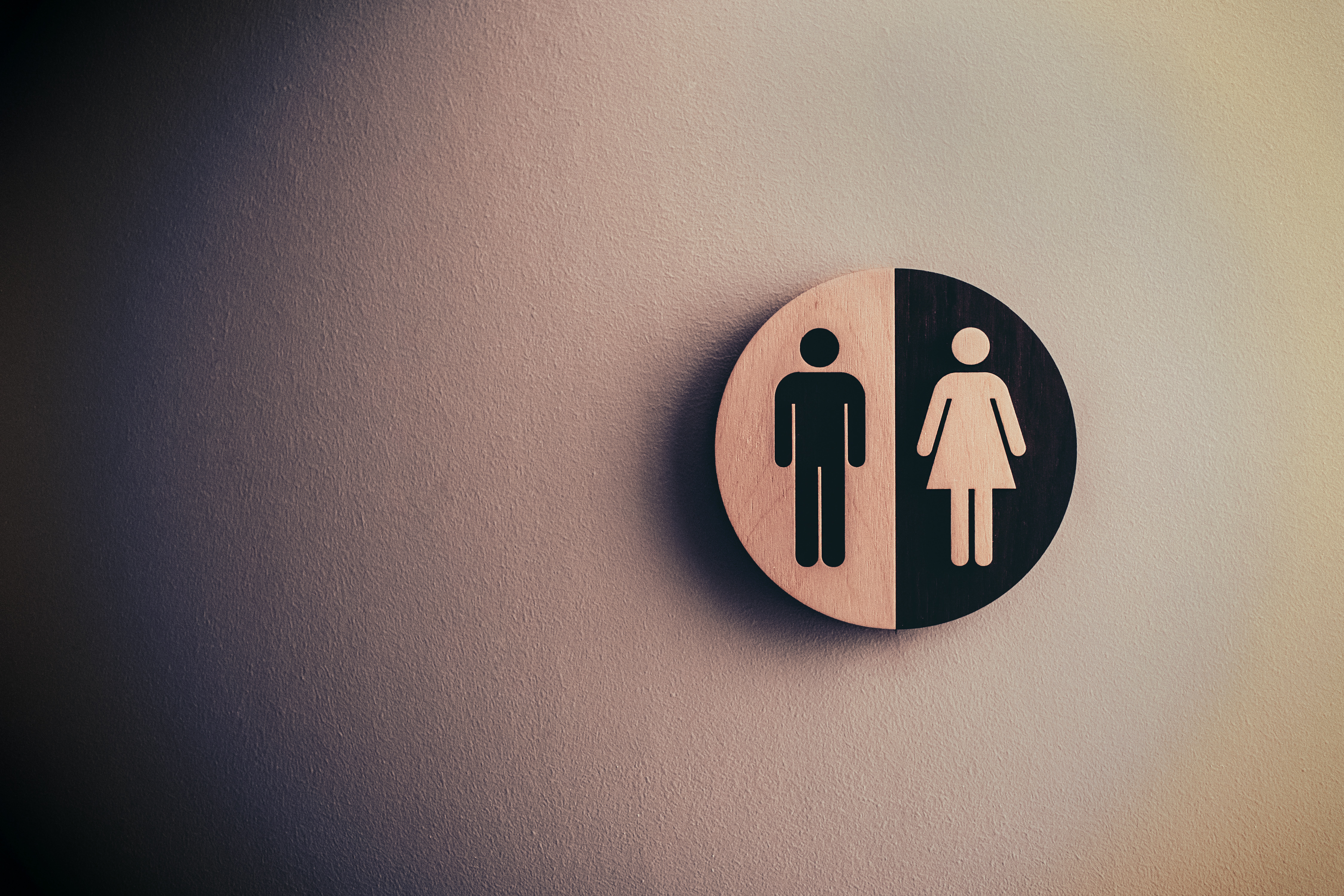 Circular Male/female logo used for public toilets. Male figure is black on a white background, and the female figure is white on a black background.