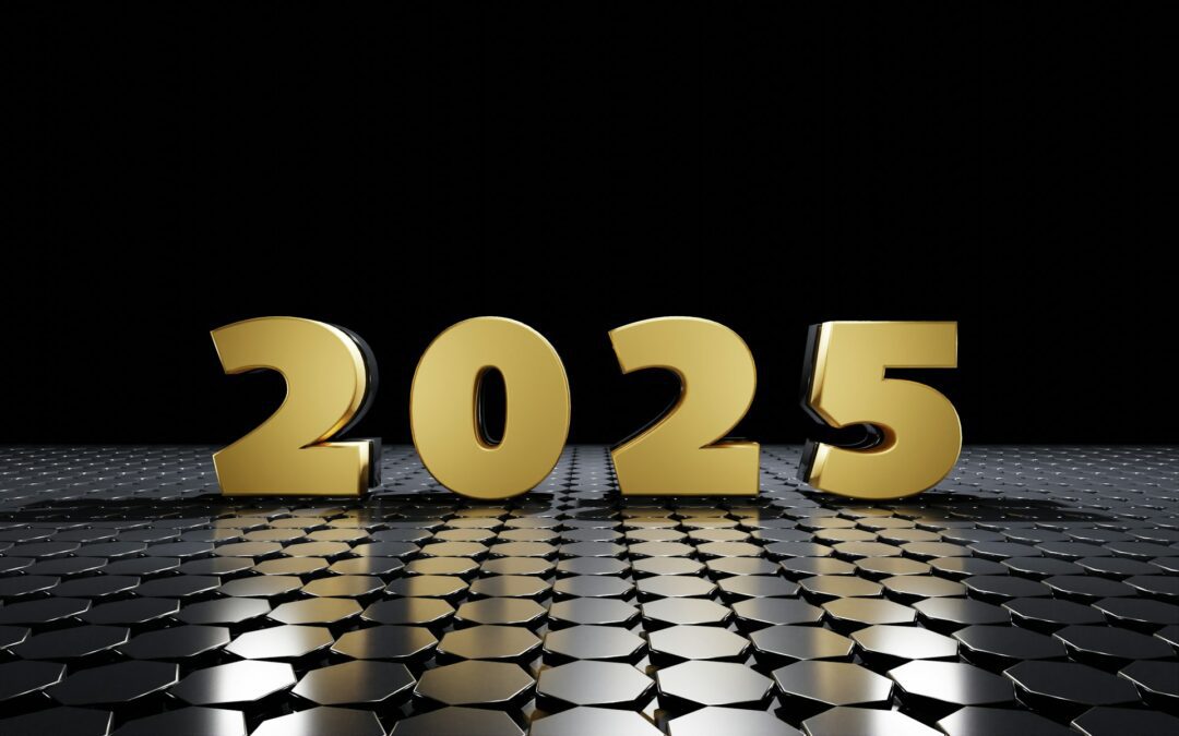 The number "2025" in large three dimensional shapes in gold, sitting on a black metallic hexagon floor